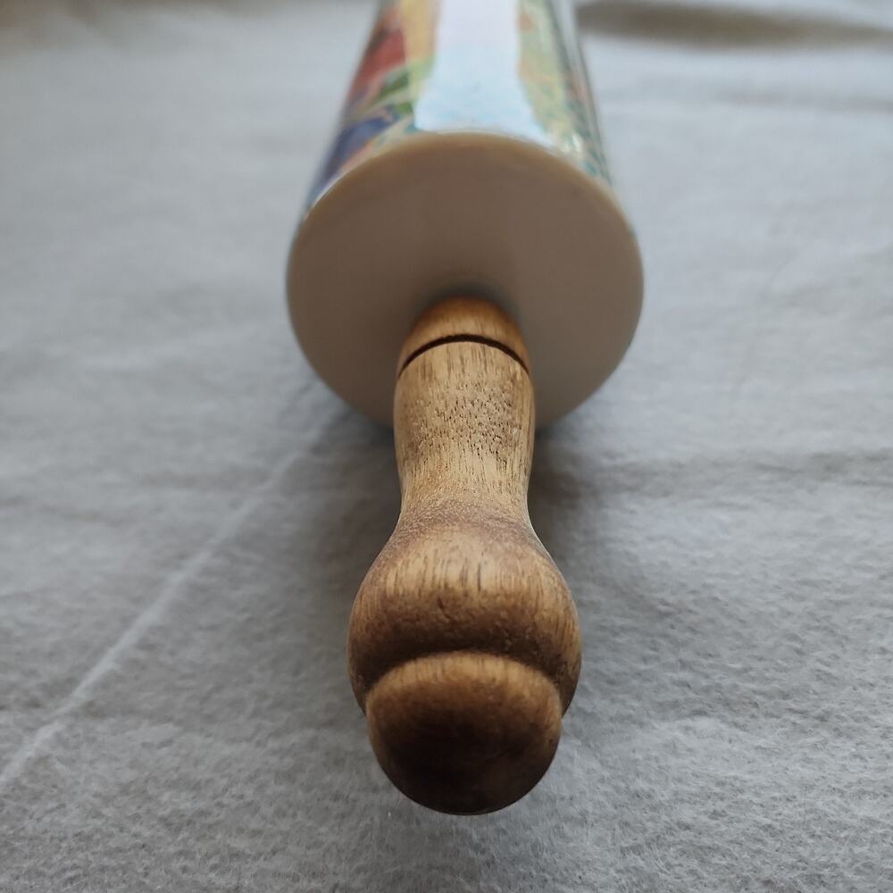 Pioneer Woman Rolling Pin Spring Melody Ceramic Floral Acacia Wood Handles 18in - Picture 7 of 8